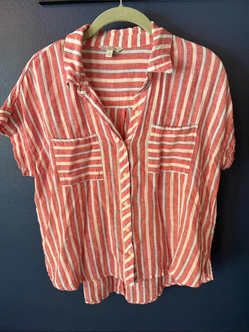 Lucky Brand Striped Button-Front Short Sleeve Shirt - Coral White